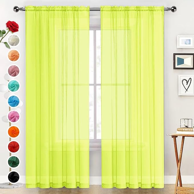 SpaceDresser Basic Rod Pocket Sheer Voile Window Curtain Panels Chartreuse 1 Pair 2 Panels 52 Width 90 Inch Long for Kitchen Bedroom Children Living Room Yard（Chartreuse, 52W x 90L）