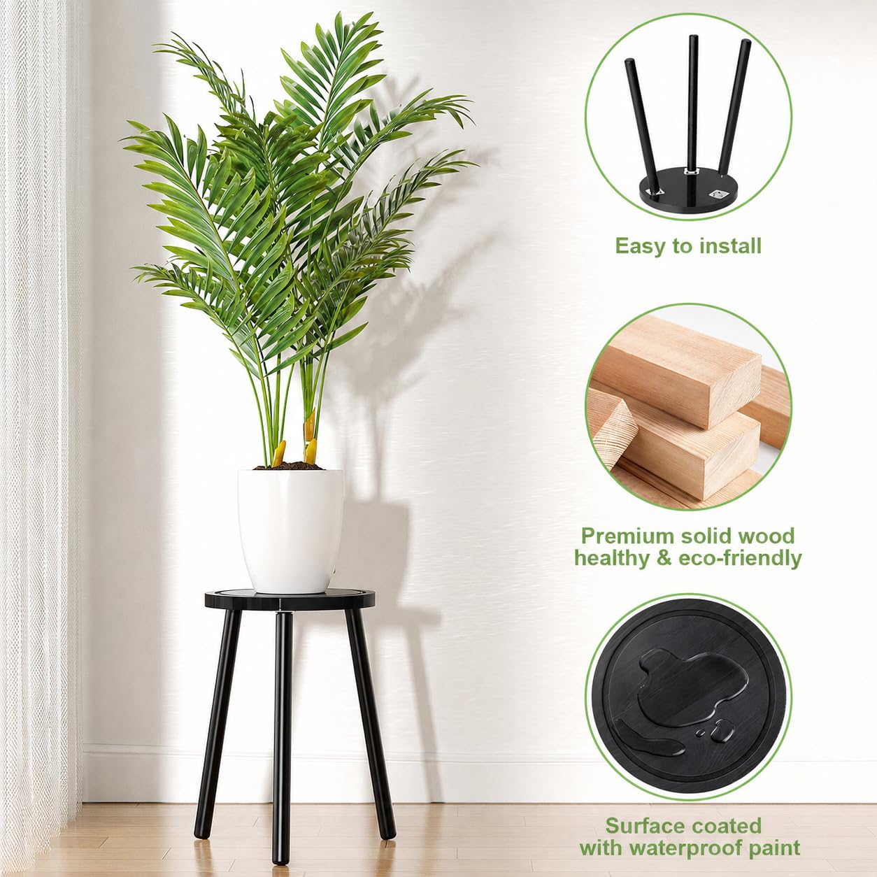 Vecxoty 2-Pack Wood Plant Stands Indoor, 16.7" Tall Plant Stand Outdoor Mid-Century Plant Stool, Single Plant Table Modern Small Round Side/End Table for Living Room, Balcony, Office(Black)