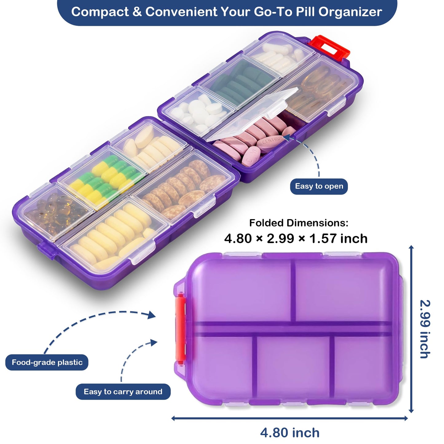 2026 New Extra Large Pill Box with Medicine Labels Travel Essentials Daily Med Container Mini Medication Organizer Storage Organizer Case 7 Day Pill Organizer(Purple)