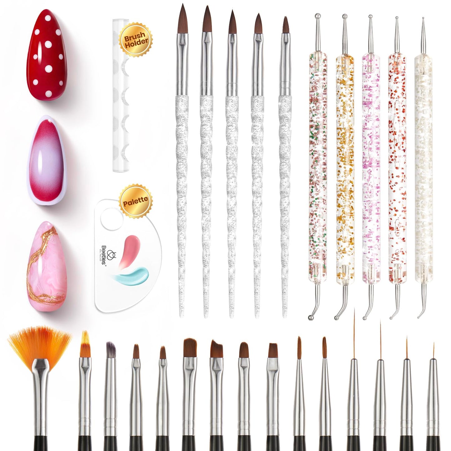 Beetles Nail Art Brushes 25pcs - Confetti Pens Daul Ended Dotting Tools & 5pcs Nail Art Liner Brushes Set Painting