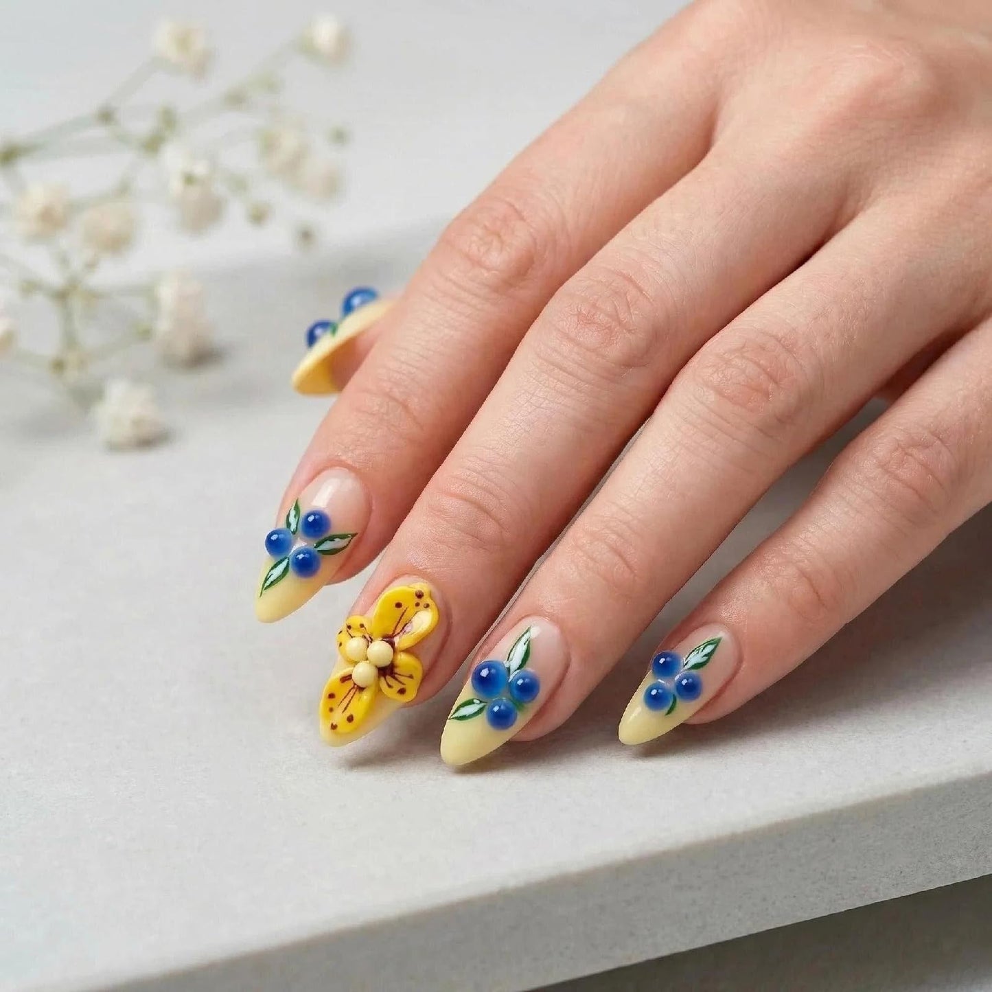 Threelegscat Handmade Almond Press on Nails-Medium, Yellow 3D Flower Nude Reusable Fake Nails for Women Daily Wear, Party, Dating 10 PCS (Size M)