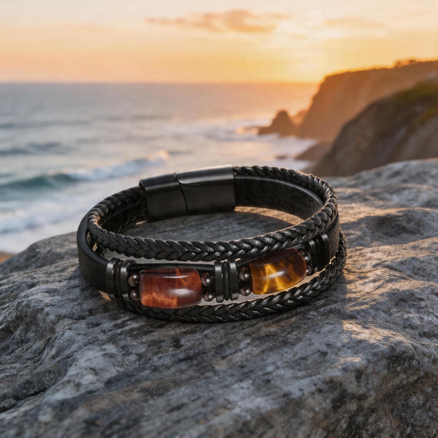 Enjoy Risingsun Tiger Eye Black Leather Bracelet Men Natural Tiger Eye Gemstone Crystal Stone Jewelry Handmade Courage And Stress Relief Protection Bracelet