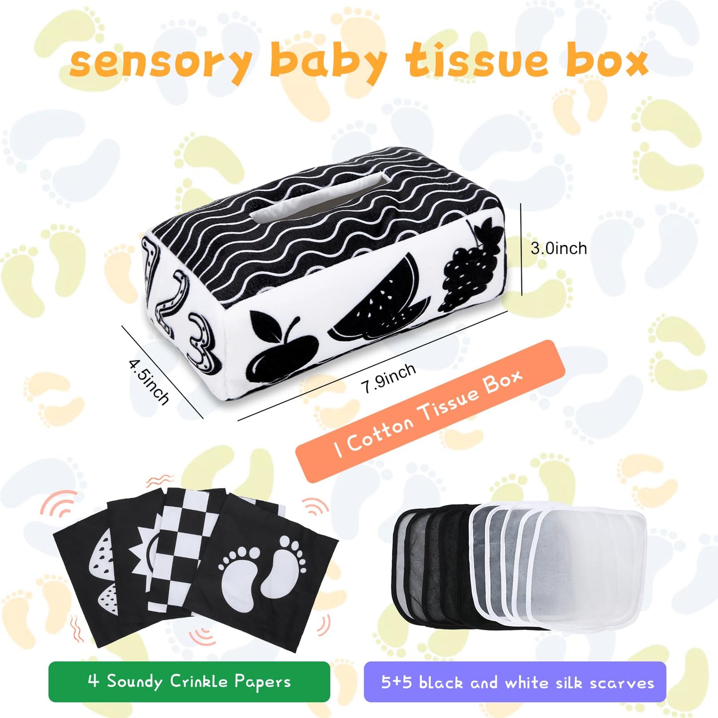 Yeeeasy Baby Tissue Box Toy High Contrast for Newborn Black and White Montessori Toy for Babies 3 Months Sensory Tissue Box