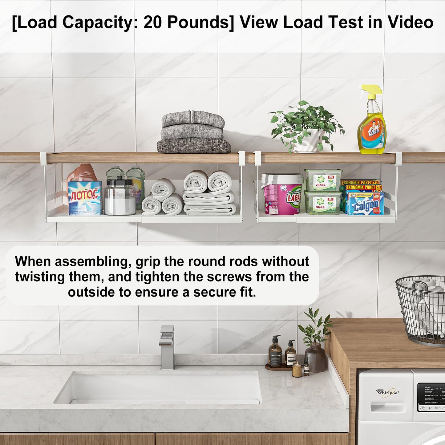 SHINEWON Expandable Under Cabinet Shelf Organizer with 0.94-Inch Thick Clips, Heavy Duty Extendable Under Shelf Storage Basket for Pantry or Laundry Room, White, 1 Pack, Interior: 4.13" H x 7.2" D