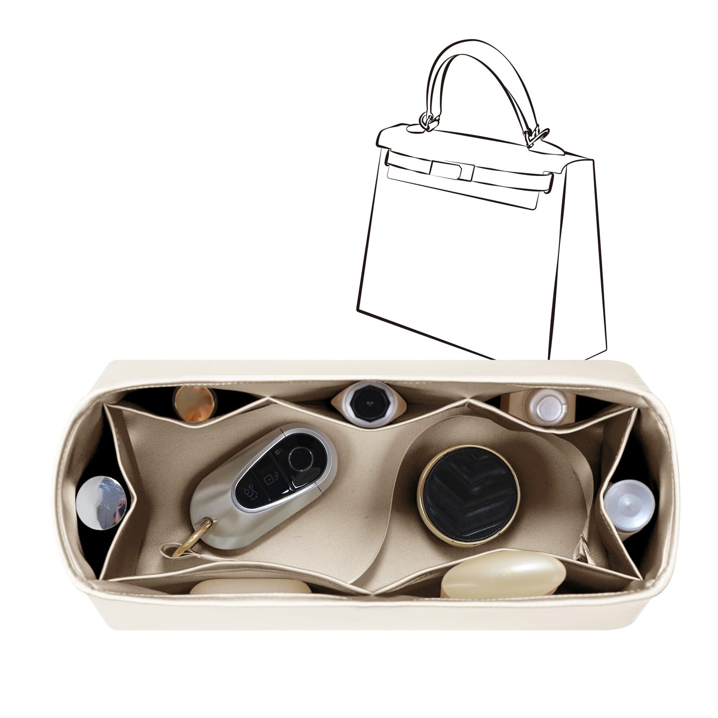 JLYZ Moon Fits for Kelly 25 Bag Insert,Premium Silk Purse Organizer Insert, Smooth Touch & Lightweight，Luxury Handbag Organizer with Gift Box Fits For Hermes(Kelly 25 Retourne,Champagne/Etoupe Grey)