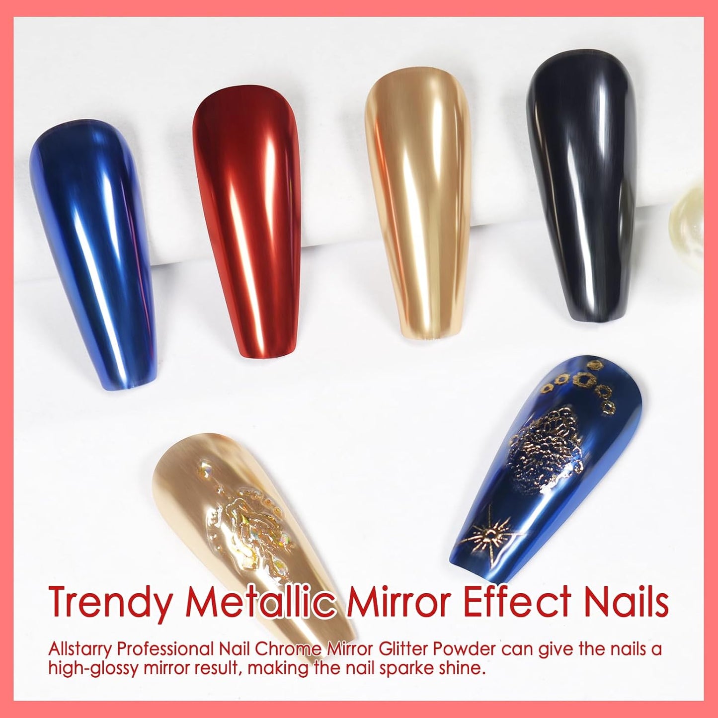 Allstarry Chrome Nail Powder 4 Colors Metallic Mirror Effect Powder Manicure Chrome Pigment Magic Glitter Dust Kit for Gel Polish Nail Art Decoration with 4 Sponge Sticks - Ruby Sapphire Series