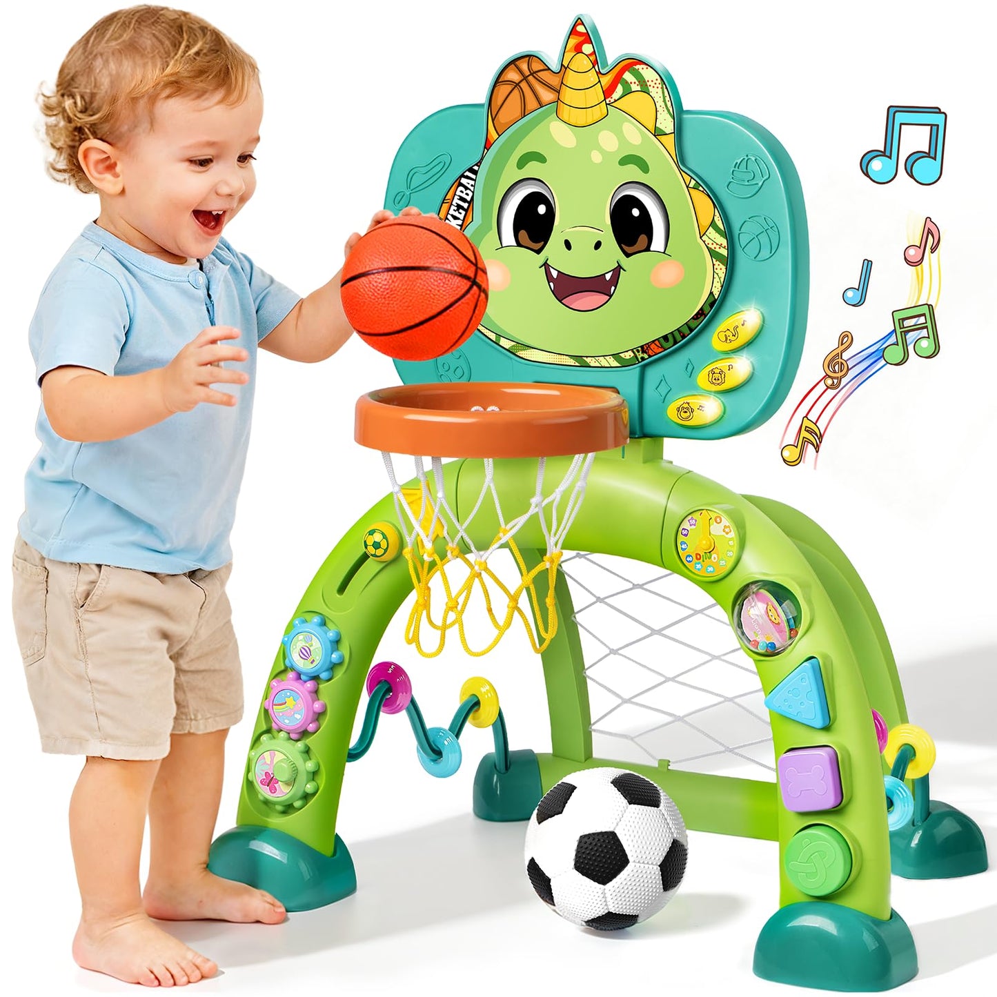 Toddler Basketball Hoop & Soccer Goal, Toys for 1 2 3 Year Old Boys Girls, Dinosaur Sports Play Toy Activity Center, Interactive Musical Sports Toys with Light, Christmas Birthday Gift for Ages 1-3