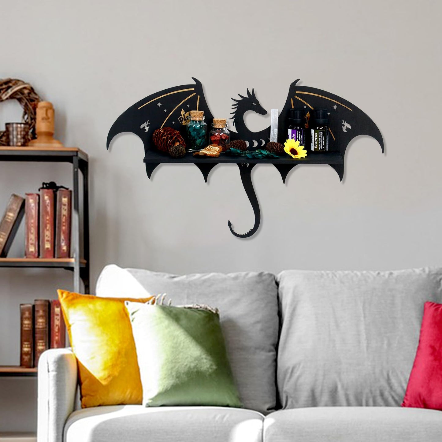 KOYILT Dragon Decor Trinket Shelf Crystal Wall Display Shelf - Rustic Witchy Fantasy Decor for Trinkets, Crystal Storage & Wall Art for Home Altar, Bedroom or Witchy Room (1, Evil Dragon)