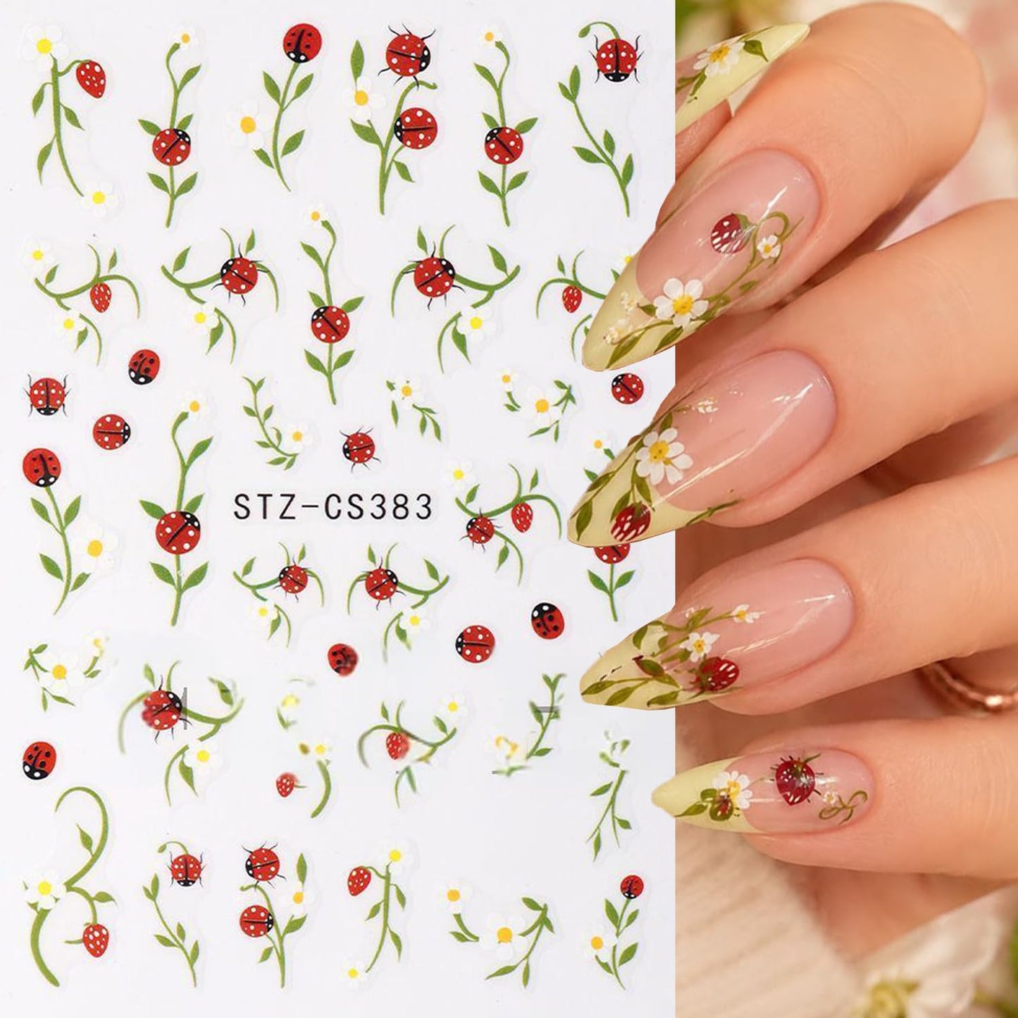Strawberry Lips Nail Art Stickers Bow Cherry Nail Art Decals 3D 6Sheets Self-Adhesive Fruit Stickers Beetle Flower Leaf Nail Designs for Women Summer Fresh Style Nail Supplies Decorations