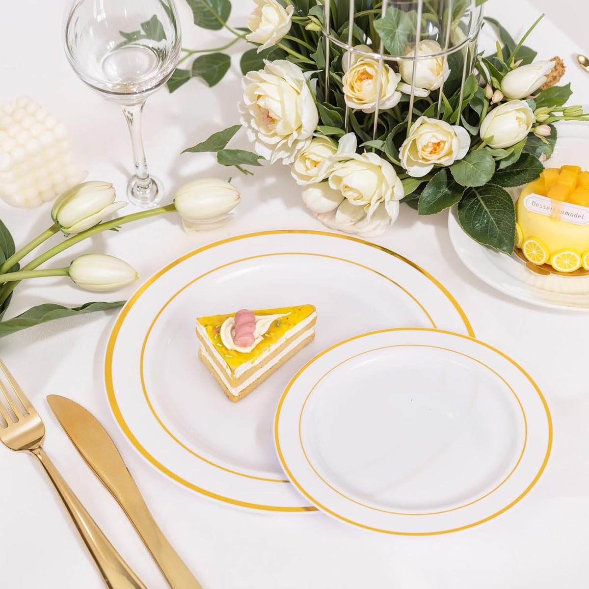 NOCCUR 200PCS Gold Plastic Plates - 100 Dinner / 100 Dessert Disposable Plates Heavy Duty - Ideal for Wedding, Party, Thanksgiving
