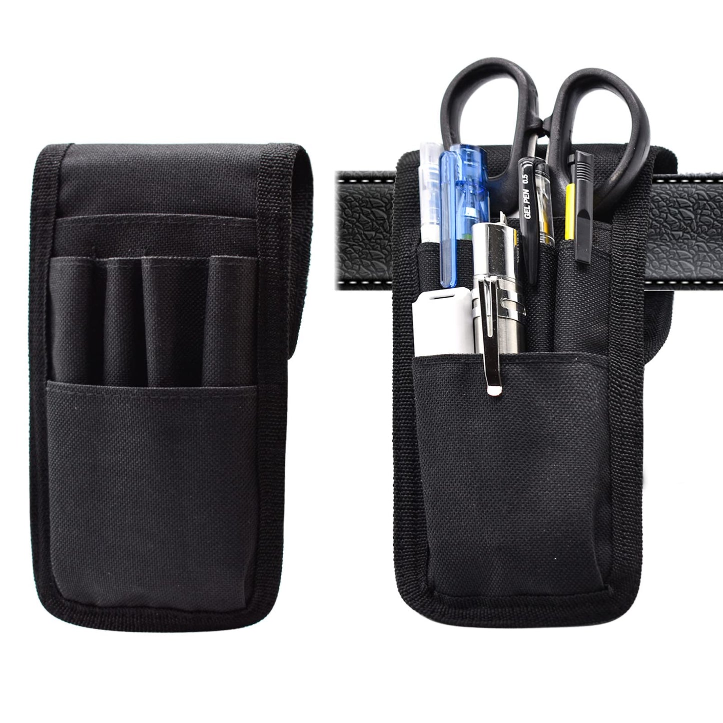 2 Pcs KATOLK Belt Pen Holder, Multifunctional Adjustable Tactical Pencil Pouch, Detachable Military Duty Pencil Sleeve Case, Can Hold Pens, Rulers and Scissors (Black)