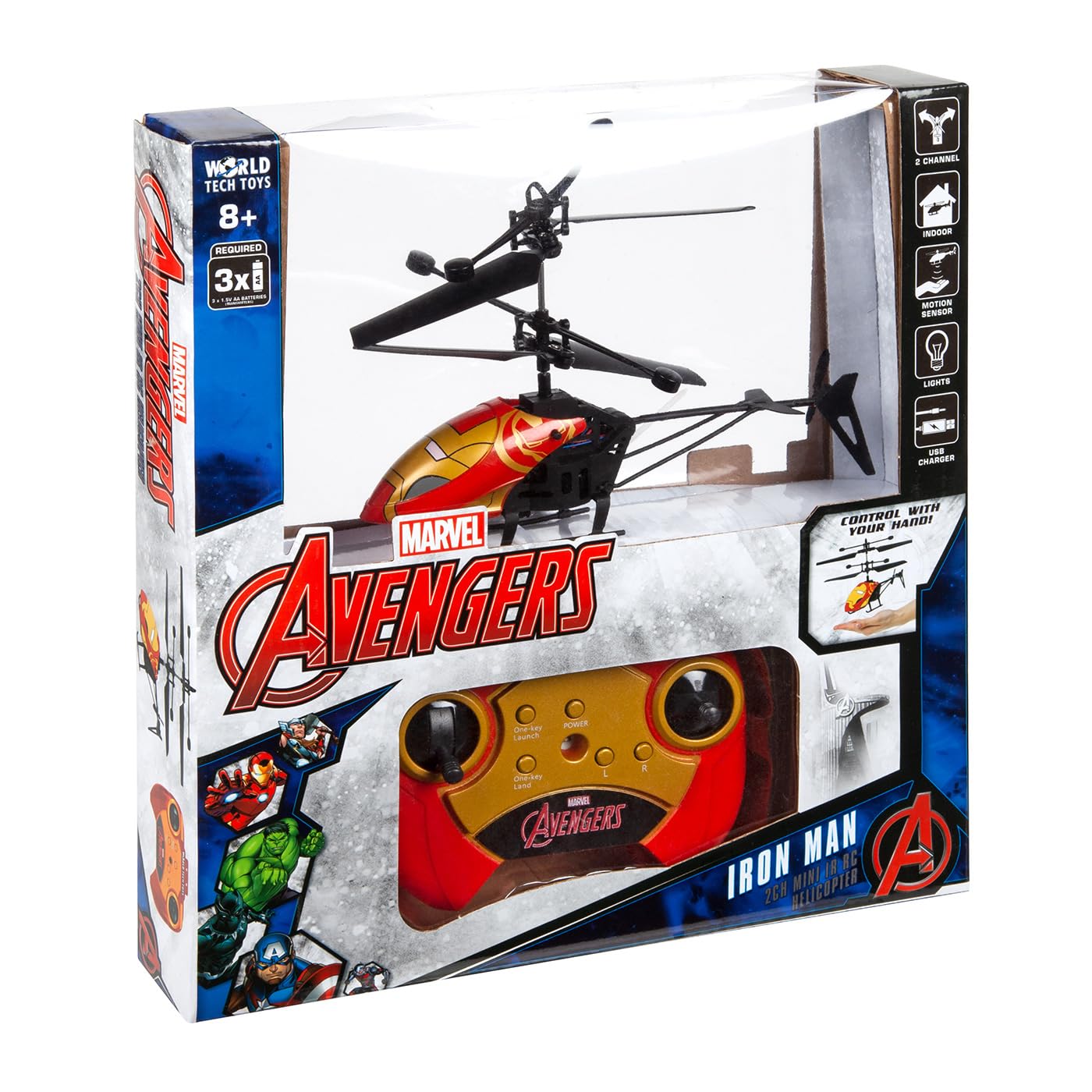 World Tech Toys Marvel Iron Man RC Helicopter – Easy‑Fly Remote Control Helicopter with LED Lights, Durable Body, Coaxial & Rear Rotors – Kids 8+