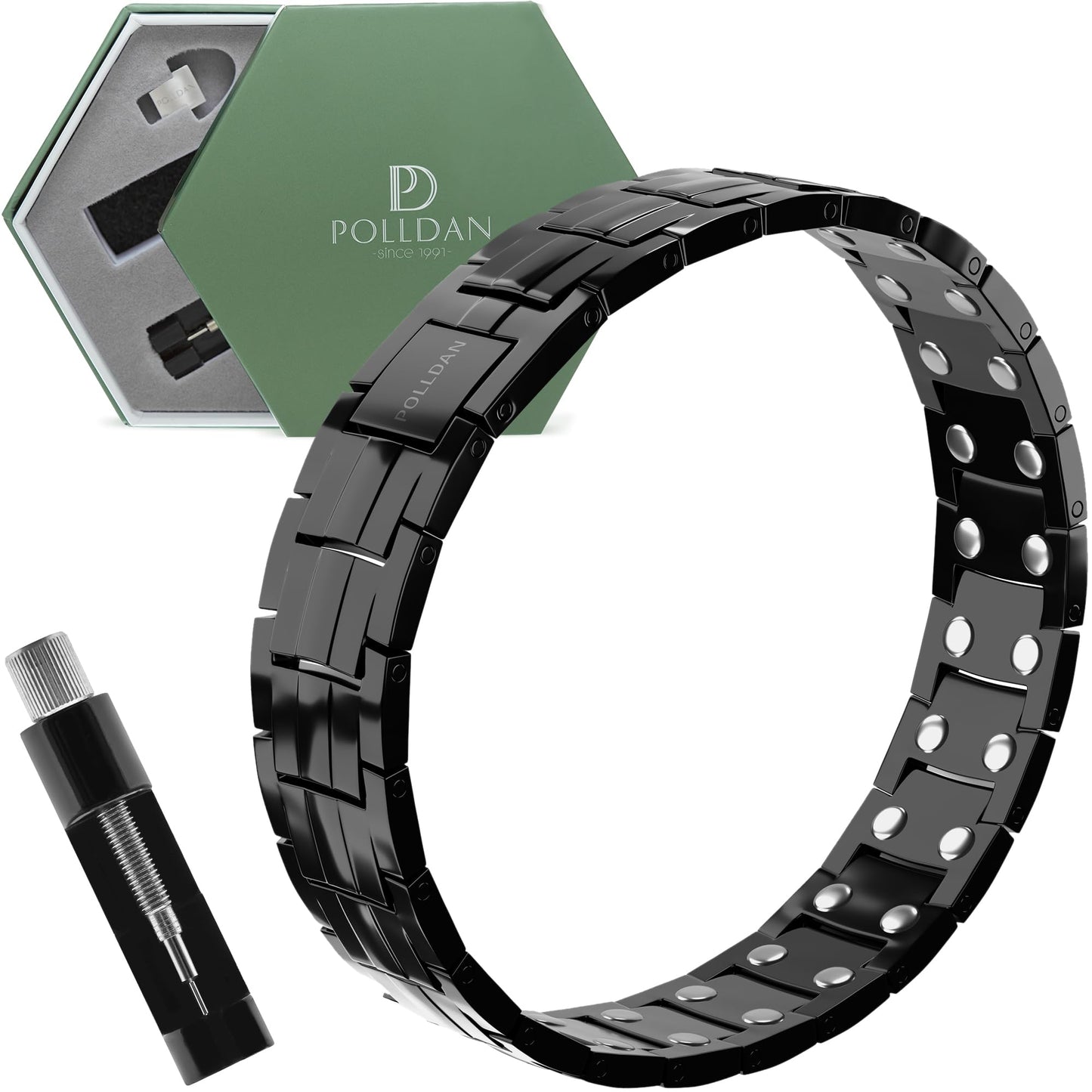 POLLDAN® 3X Power Magnetic Bracelets For Men | 6200 Gauss Strength Mens Titanium Bracelet with Fold-Over Clasp, Adjustable Length, Gift Box, Sizing Tool | Innovative Magnets Alloy - Patent (2X Black)