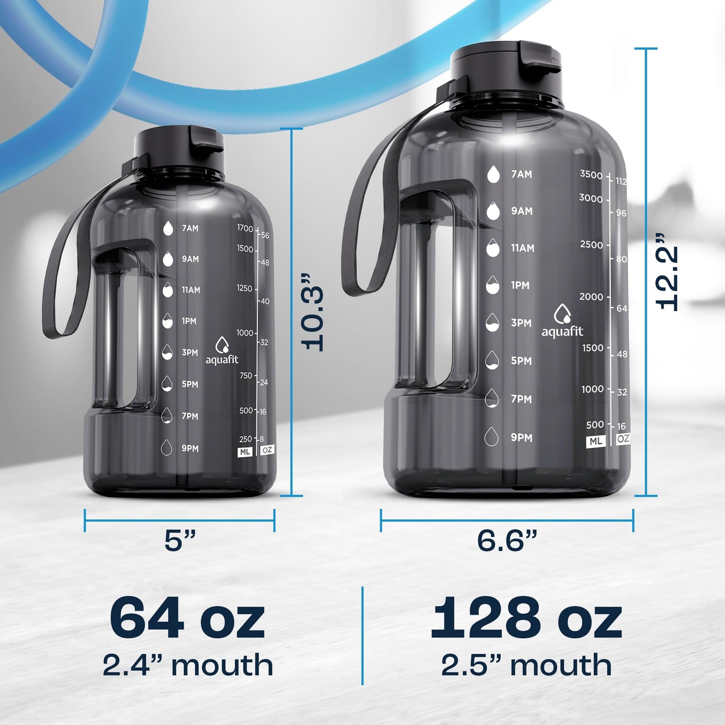 AQUAFIT 1 Gallon Water Bottle with Time Marker - Straw & Chug Lid - BPA Free Gym Water Bottle with Straw - Big Gallon Jug (Gray, 128 oz - 2 Lids)