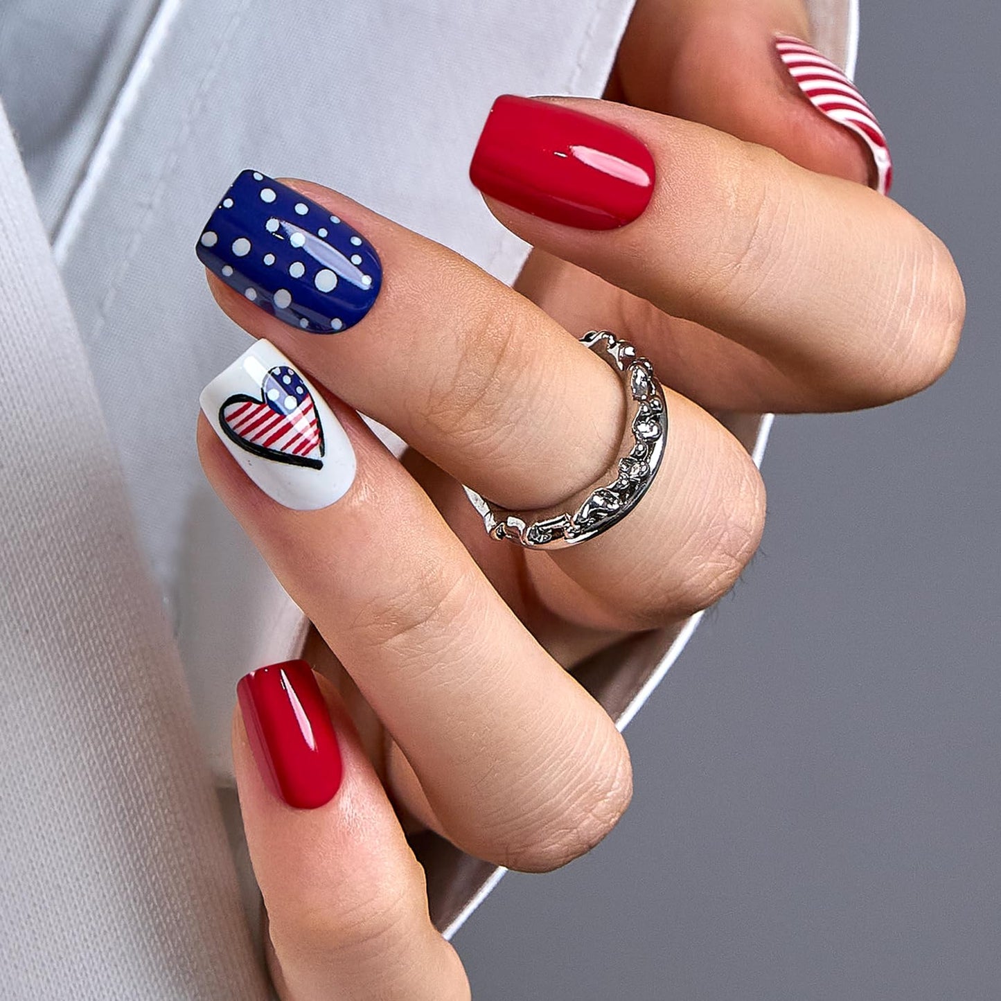 CurvLife Soft Gel Press On Nails Kit - Patriot Full Cover False Nail Tips with Trendy Designs, Reusable & Glue Included - Easy Application Nail Accessories for Women