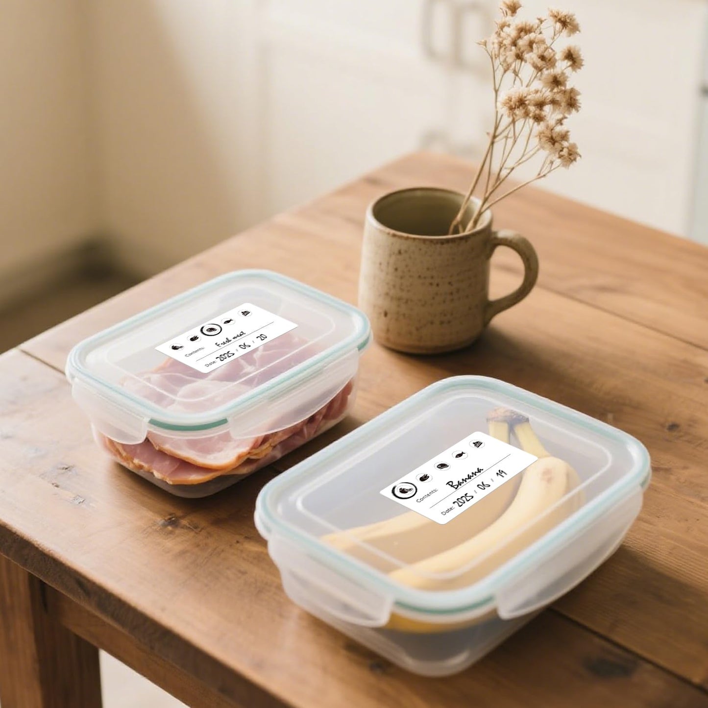 YIKIADA 500 PCS Food Labels, 1.2x2.4 Inches, Waterproof & Strong Adhesion, Removable No Residue, Clear Food Storage Labels for Jars, Containers, Refrigerator, Freezer, Kitchen Organization