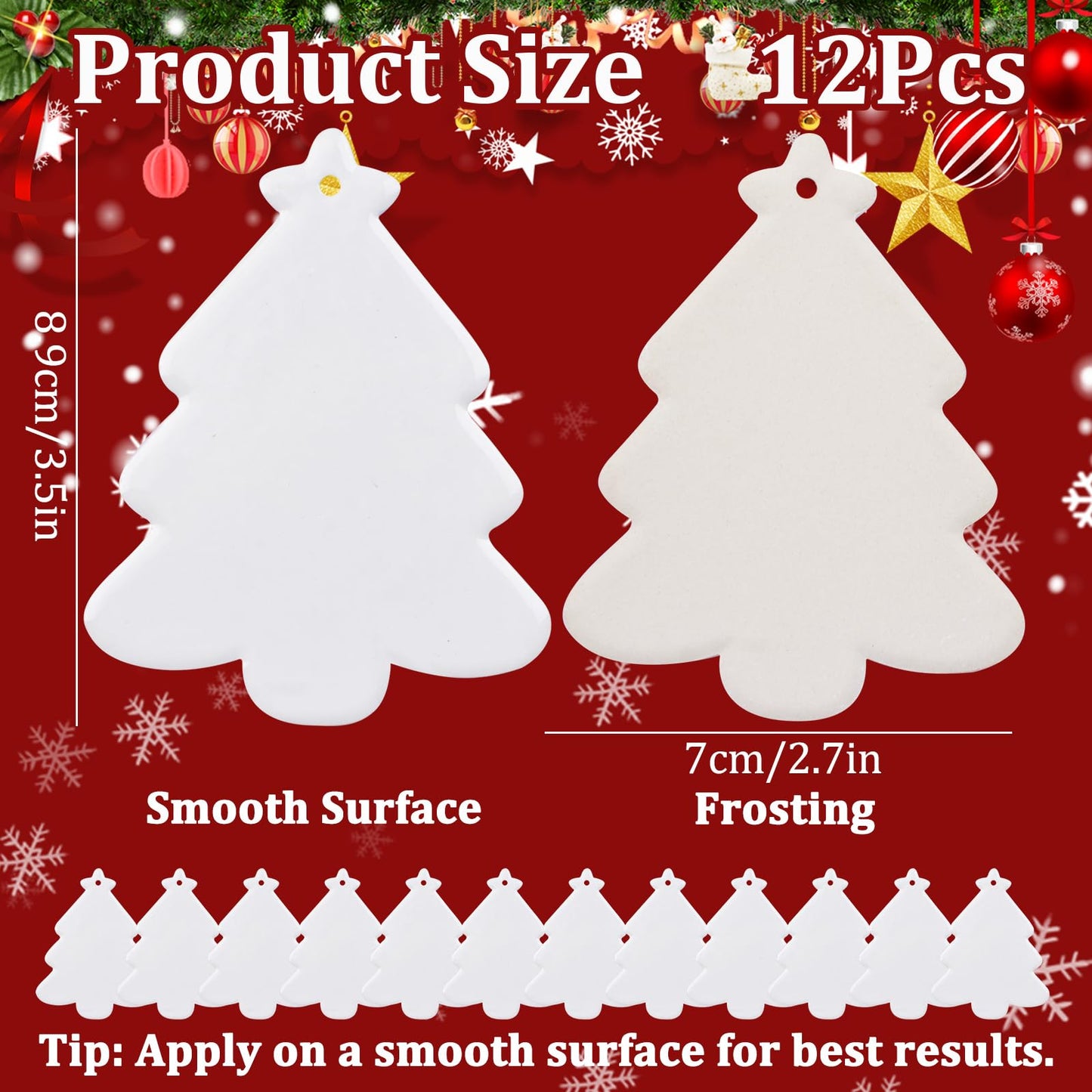 WANDIC Sublimation Ceramic Ornaments Blank, 12Pcs Christmas Tree Shaped Personalized Decoration Bulk White Ceramic Tile with Gold String for Crafting