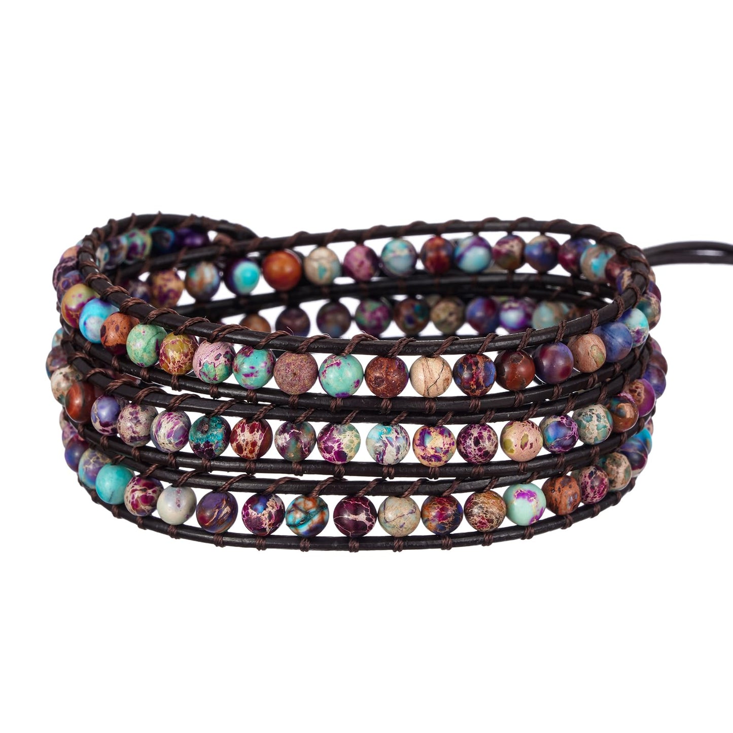 Plumiss Boho Unique Blue Purple Jasper Stone 4mm Beads Genuine Leather Handmade 3 Wrap Bracelets Jewlery Gift
