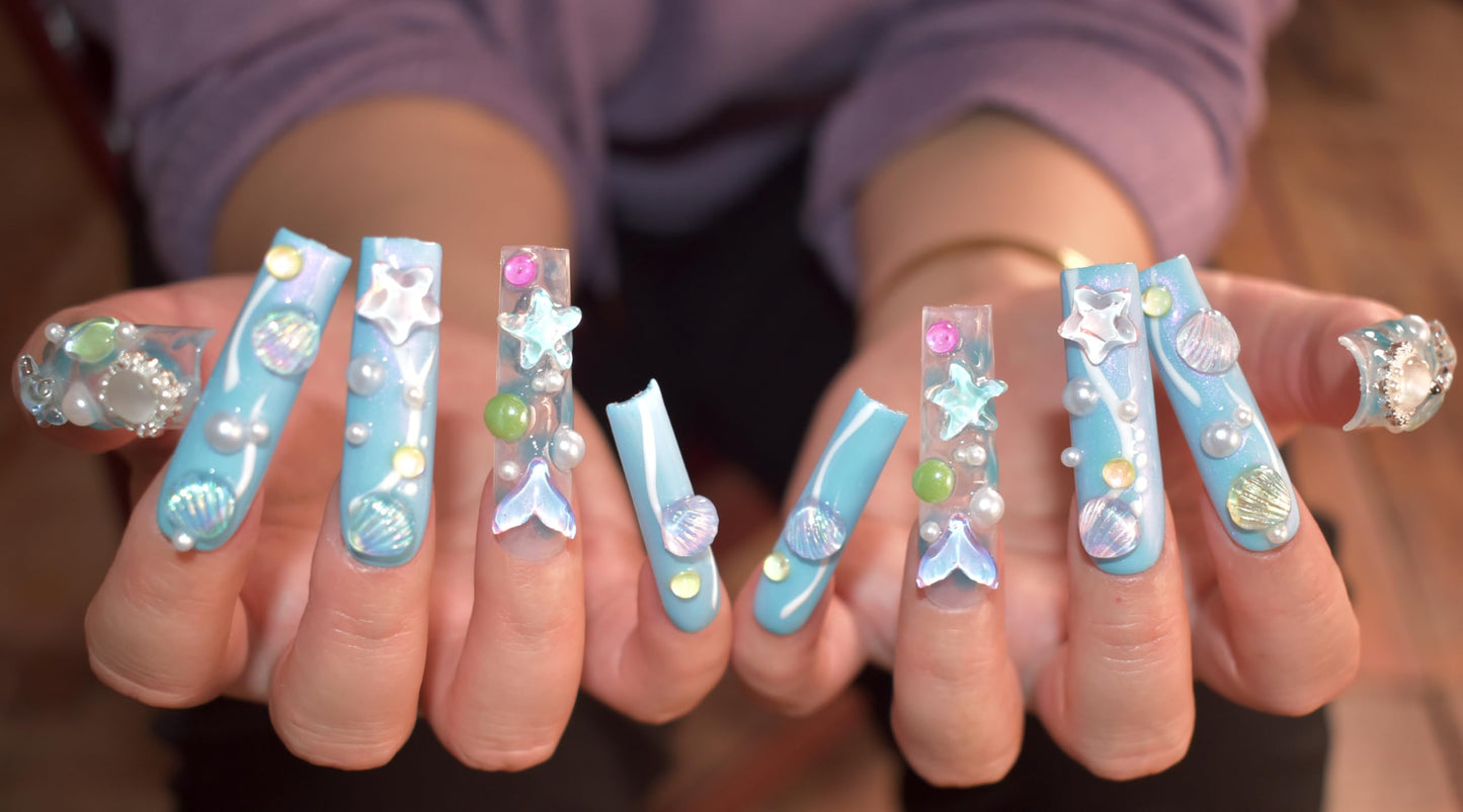 LIFOOST Aurora Blue Handmade Press on Nails Dreamy Ocean Ice Transparent 3D Shell Star Pearls Charms Fake Nails Mermaid False Nails Extra Long Coffin Press ons for Summer, Size M