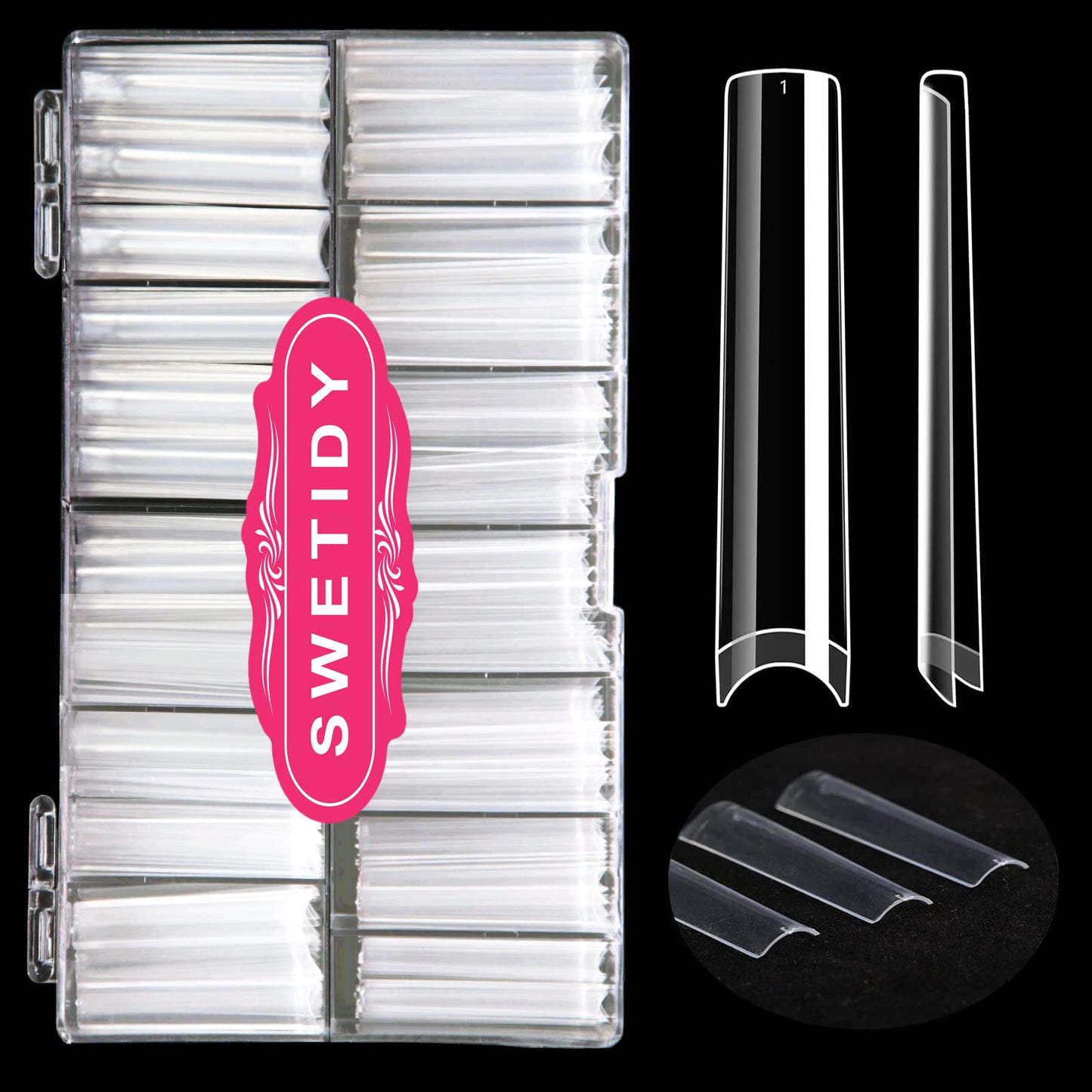 No C Curve 3XL Long Square Nail Tips for Acrylic Nails Professional, SWETIDY 360PCS Clear Straight Flattened Half Cover False Nails Tips with Case for Nail Salons and Home DIY, 12 Sizes