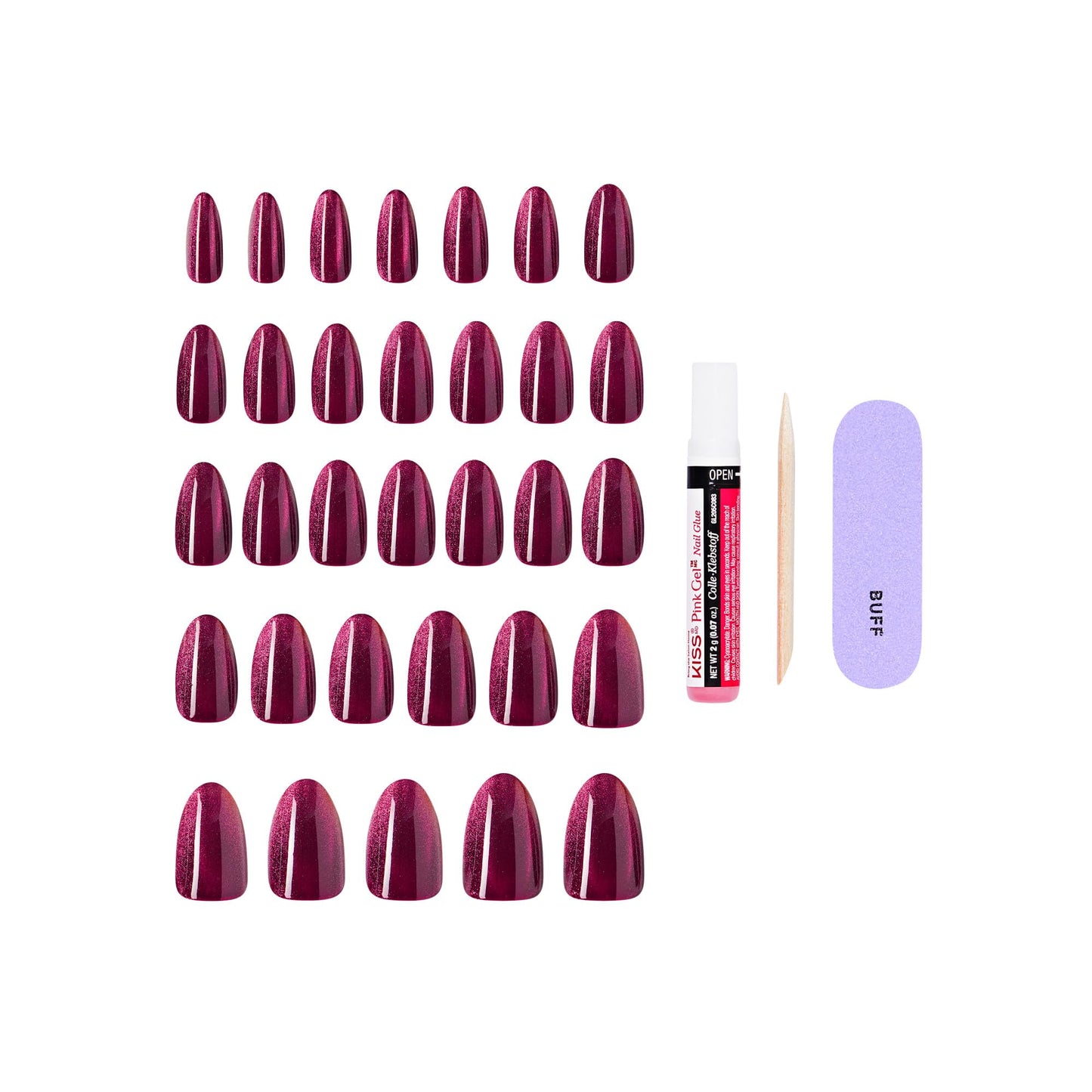 Kiss Core, Press On Nails, Nail glue included, 'Glittering', Purple, Medium Size, Almond Shape, Includes 32 Nails, 2g Glue, 1 Manicure Stick, 1 Mini File