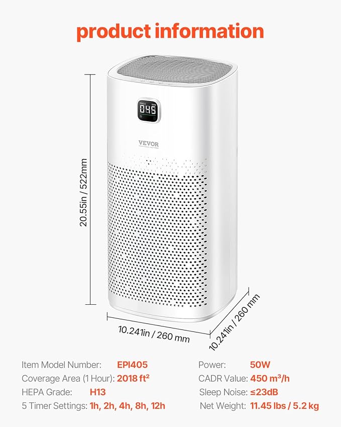 VEVOR Air Purifier, H13 HEPA Layer, 2018 ft²/h Smart Air Purifier with Speed Control & Child Lock Guard, Efficient Air Cleaner with Convenient Touch Panel & 23 dB Sleep Mode, Fit for Home & Office
