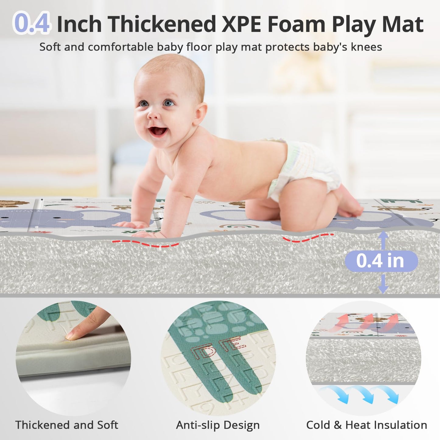 NOONKTY 79x71 Extra Large Baby Play Mat for Floor, Foldable Foam Playmat for Babies 0-12 Months & Kids, Non-Toxic Waterproof Baby Mat for Floor, Thick Playpen Mat for Tummy Time Crawling, Elephant+Mon