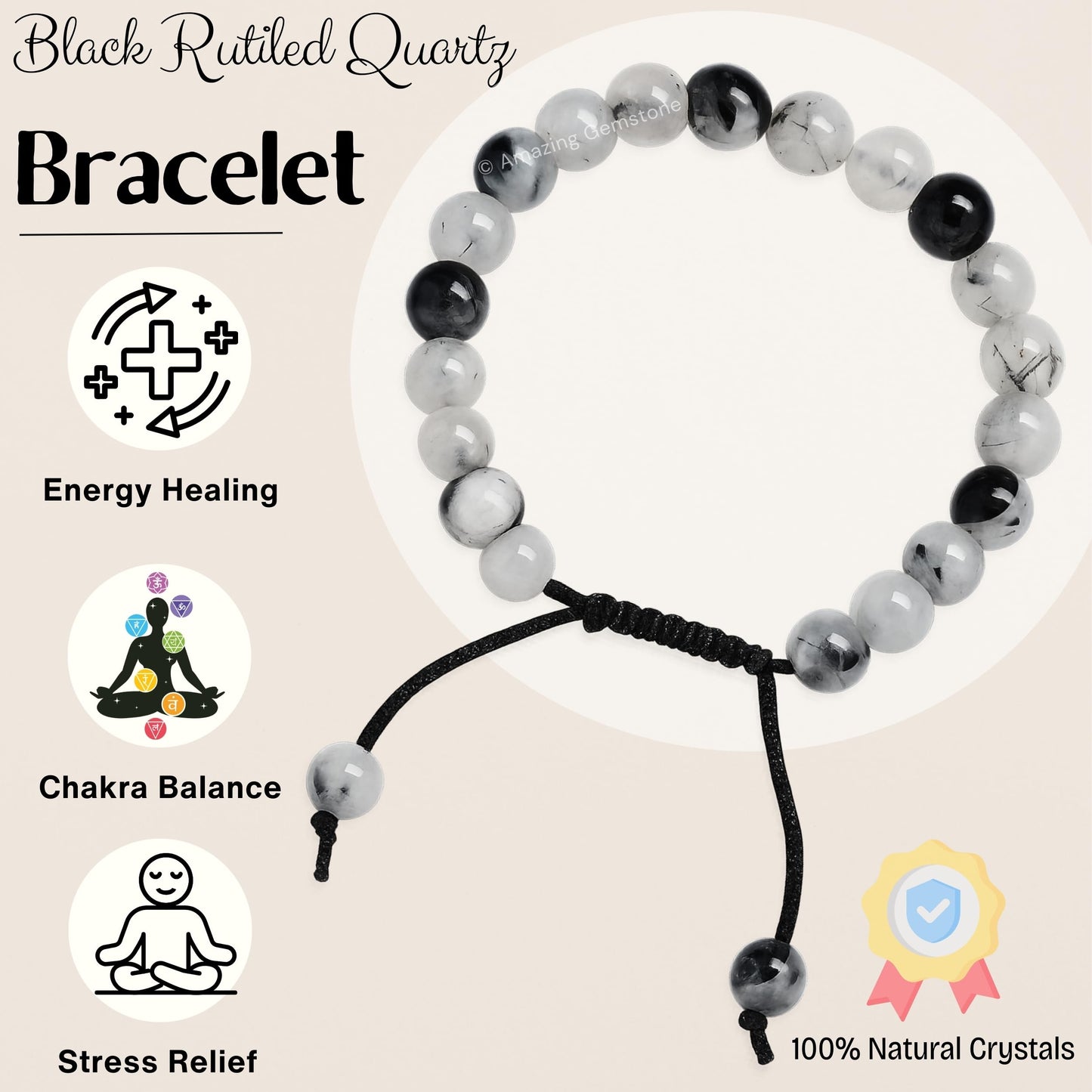 Amazing Gemstone Black Rutilated Quartz Bracelet for Women Men's Gifts - Protection Healing Crystal Bracelet - 8mm Gemstone Beaded Adjustable Bracelet Pulseras Para Hombres Mujer Stocking Stuffers