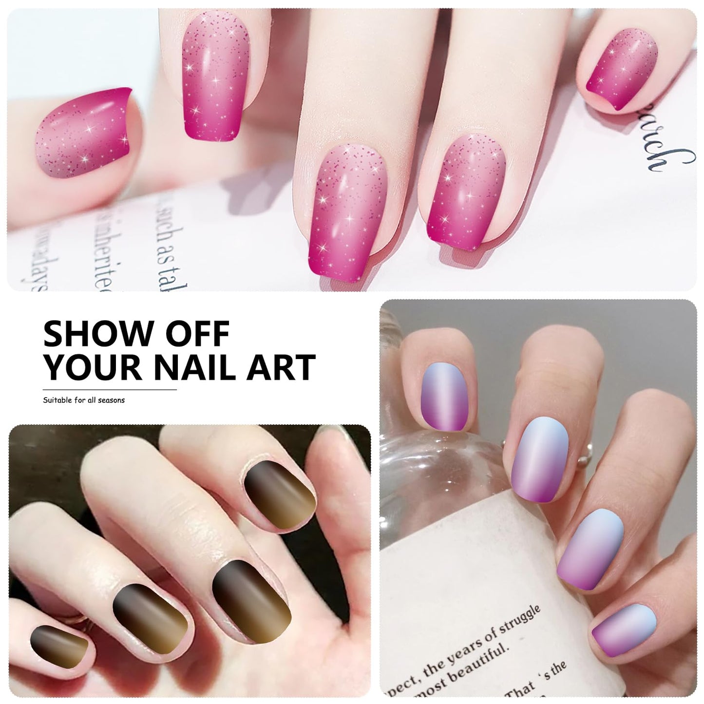 SILPECWEE 20 Sheets Glitter Nail Polish Stickers Full Nail Wraps for Women Gradient Color Adhesive Stick on Nail Polish Strips Gel Nail Strips Fingernail Manicure Design with Nail File