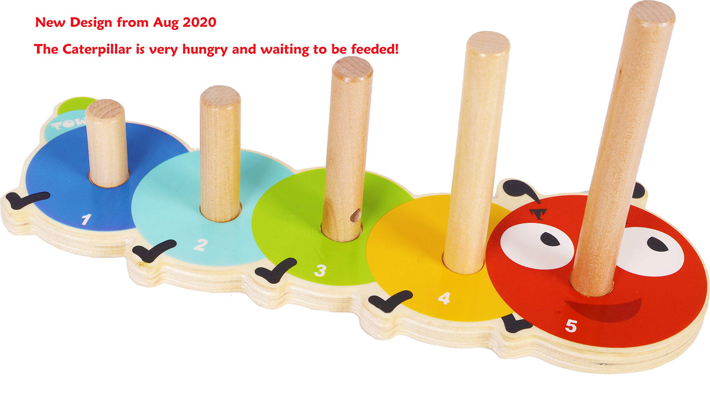 TOWO Wooden Stacking Rings Baby –Lovely Caterpillar Counting Game - Colour Sorting Puzzle - 5 Pegs Ring Stacker - Counting Rings Early Learning Wooden Toys for 1 Year Old Gift First Birthday Boy Girl