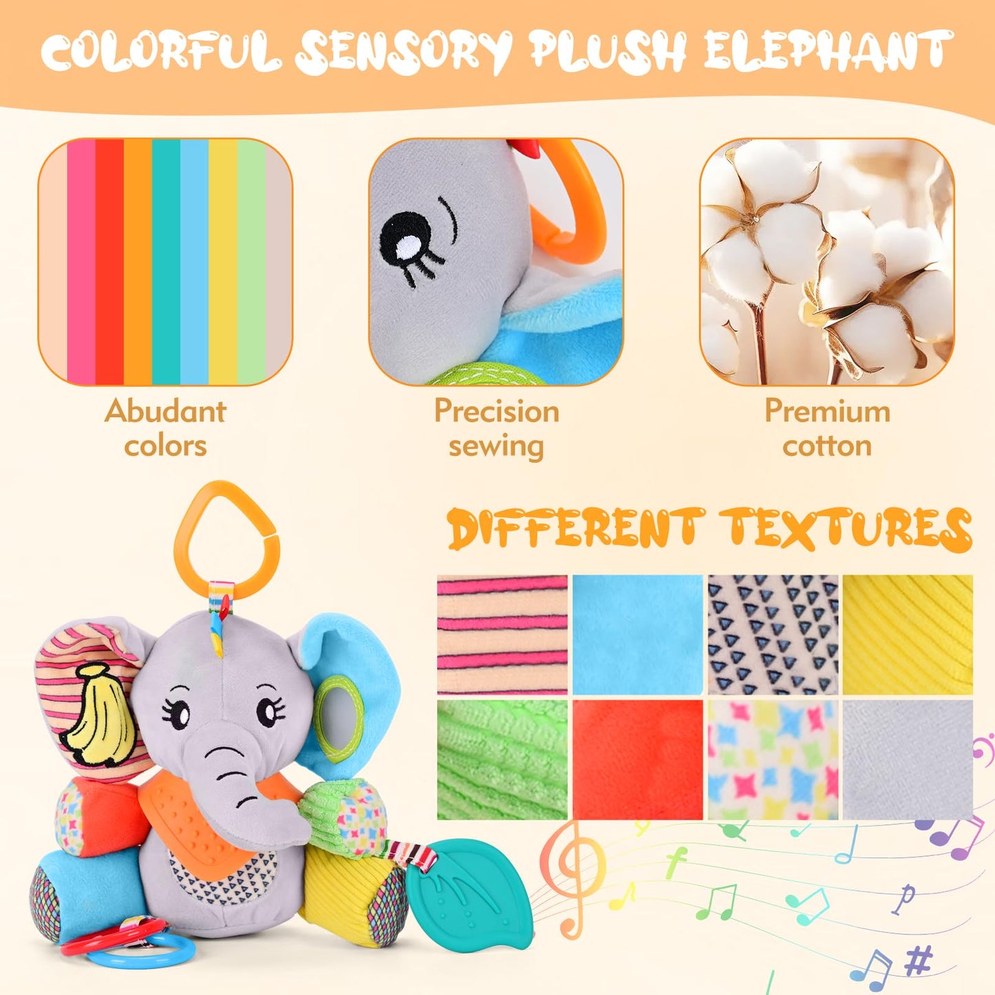 Baby Toys 0-12 Months Elephant with Detachable Touch-Sensitive Sound Box, 30 Sounds, Removable Bib, Teether, Rattle, BB Squeaker, Mirror for Strollers, Car Seats, Carriers