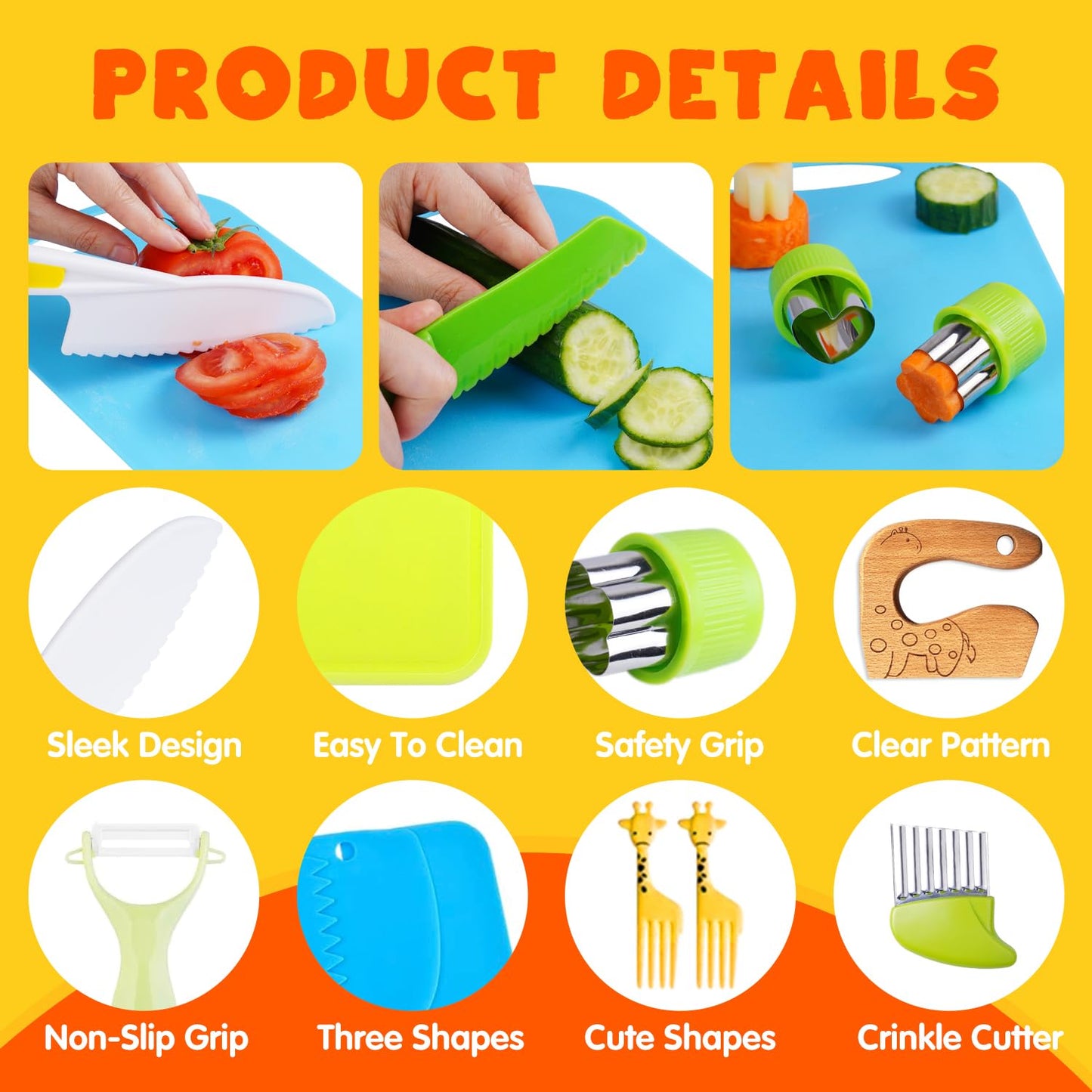 Doiaz Kidz Safe Knife Set for Toddlerz Real Cooking - Toddlerz Knives Sets Kitchen Tools with Gloves Cutting Board Fruit Vegetable Crinkle Cutters