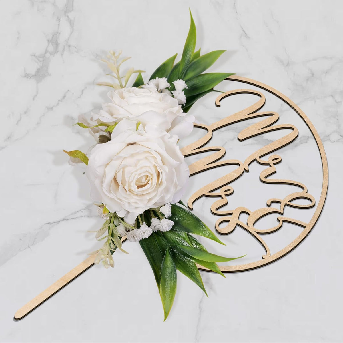 Mr & Mrs Wedding Cake Topper with 3D Artificial White Flowers and Green Leaves Wooden Cake Decoration for Wedding 3D White Roses