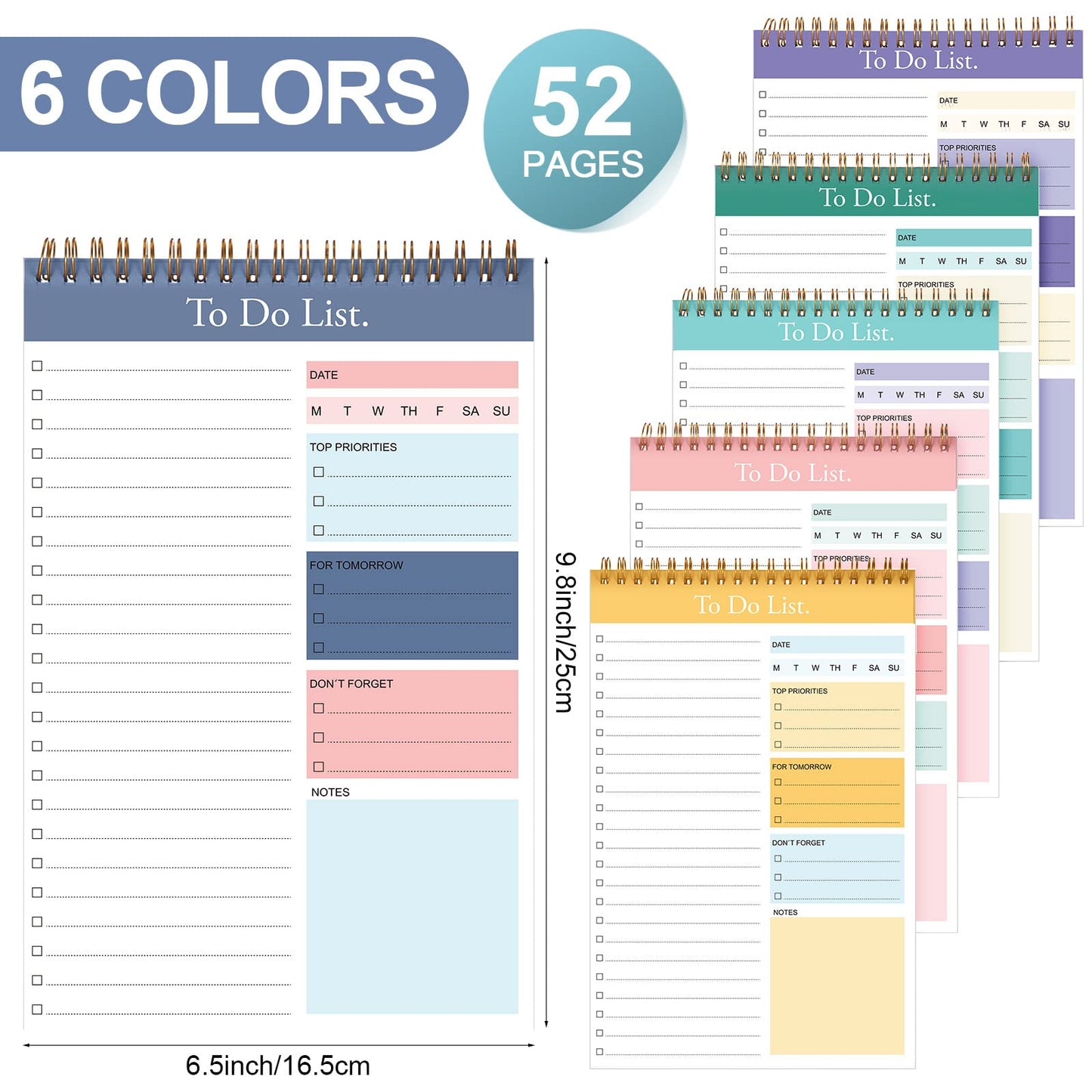 Thenshop 6 Pack To Do List Notepad Daily to Do List Notepad 6.5 x 9.8 Inches Notebook Undated 52 Sheets Paper Planner Daily for Work Planning Pad for School Office Student