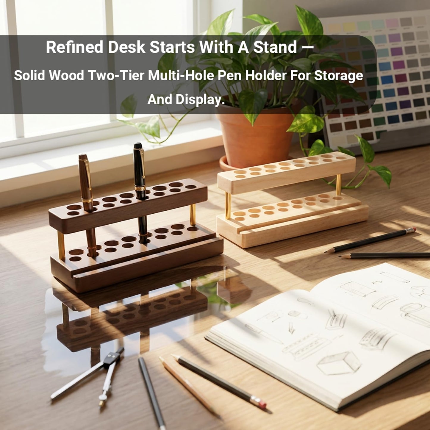 LUMRRSK Pencil & Pen organizer for Desk,Wooden pen holder with Phone Stand for Office & Home,Solid Walnut Pencil Display Stand (Double-row - Walnut)