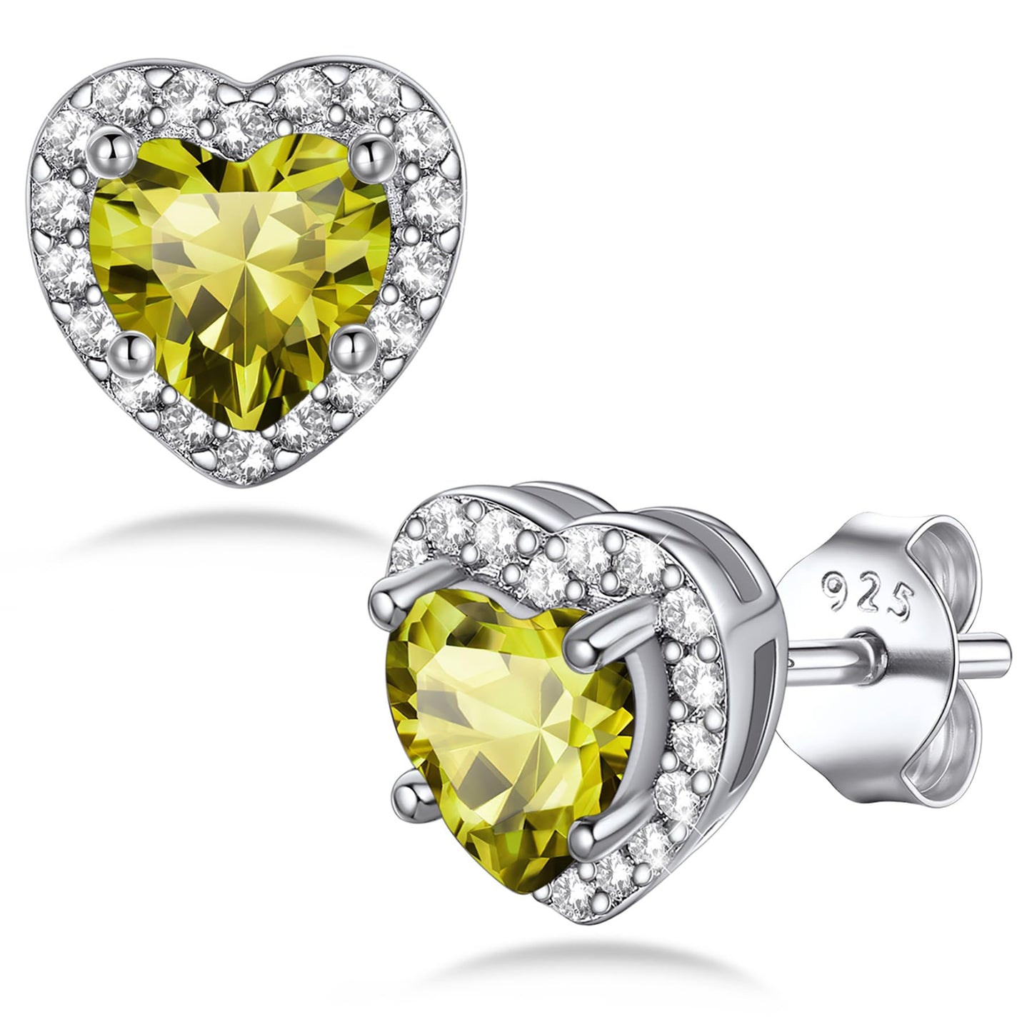 Bestyle 925 Sterling Silver Infinite Birthstone Heart Stud August Peridot Birthstone Earrings, Dainty Love Statement Stud Earrings, Birthday/Valentines/Christmas Gift for Women/