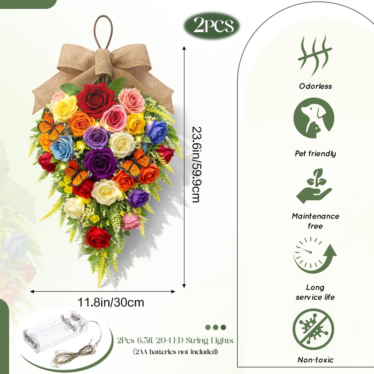 Norme 2 Pack Spring Teardrop Swag Pre-Lit, 23.6" Artificial Rose Teardrop Wreath for Front Door with Burlap Bow Butterflies for Porch Wall Window Stair
