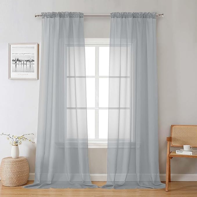 Lecloud Light Grey Sheer Curtains 96 Inches Long 2 Panels, Light Filtering Voile Airy Curtains, Elegant Transparent Solid Window Treatments with Rod Pocket for Living Room Bedroom, Each 42" W x 96" L