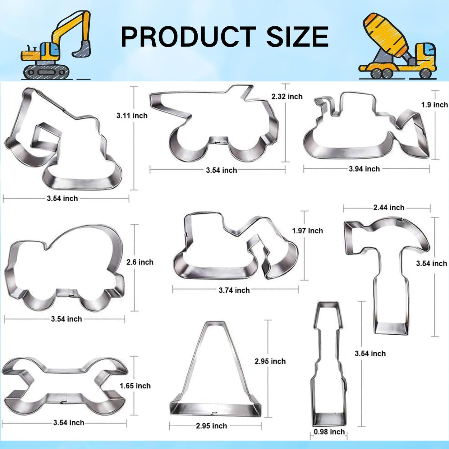 Construction Cookie Cutter Set-3 Inches-9 Piece- Excavator Digger Bulldozer Dump Truck Hammer Wrench Construction Tools Cutters Molds for Kids Construction Themed Party