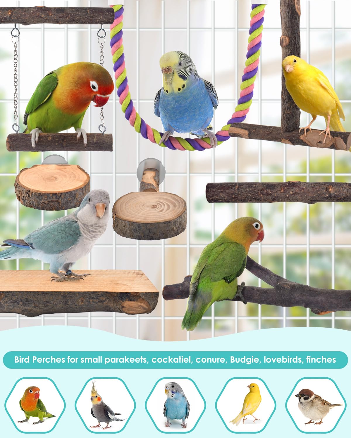 DBNESS Bird Perches, 8pcs Natural Wood Parrot Perch Stand Chewing Toys Cage Accessories Hanging Multi-Branch Perch Platform Swing Toy Rope Perches for Parakeet, Conures, Budgies