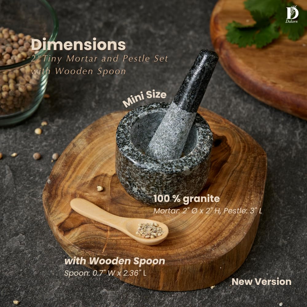 Dakorn 2" Tiny Mortar and Pestle Set with Wooden Spoon, 2 Inch, Small, Compact, Mini, Grinding and Crushing Tiny Amounts of Herbs, Spices, 100% Granite with Unpolished Inside, Creative Gift, Giftable