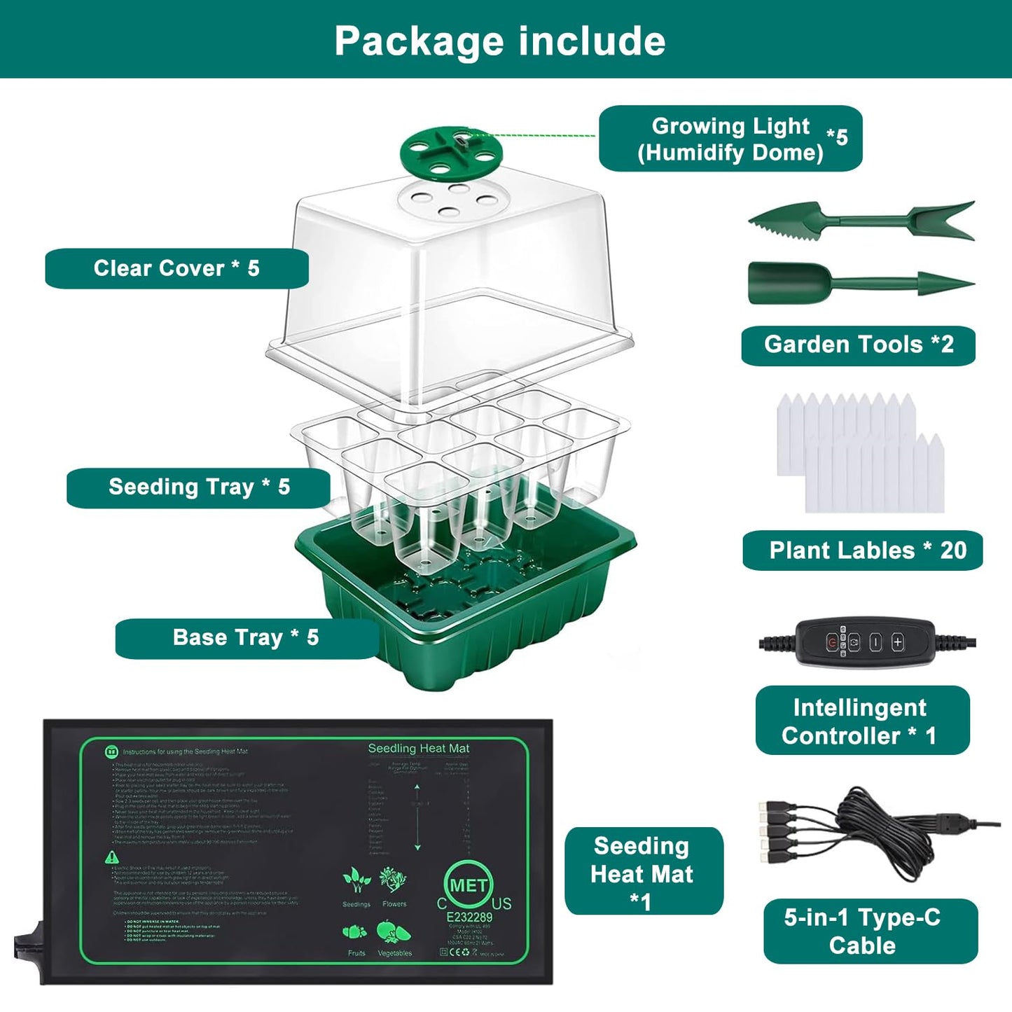 FINEST+ Seed Starter Tray with Heat Mat and Grow Light,5 Pack Seedling Starter Trays with Time Controller,Seedling Starter Tray with Adjustable Brightness,Seed Starting Kit with Adjustable Humidity