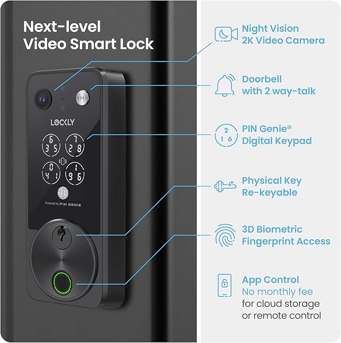 Lockly Vision Zeno Smart Lock with Video Doorbell Camera, Fingerprint Keyless Entry with Apple Home Key, Wi-Fi Deadbolt for Front Door, PIN Genie Keypad, App Remote Control, 2 Rechargeable Batteries