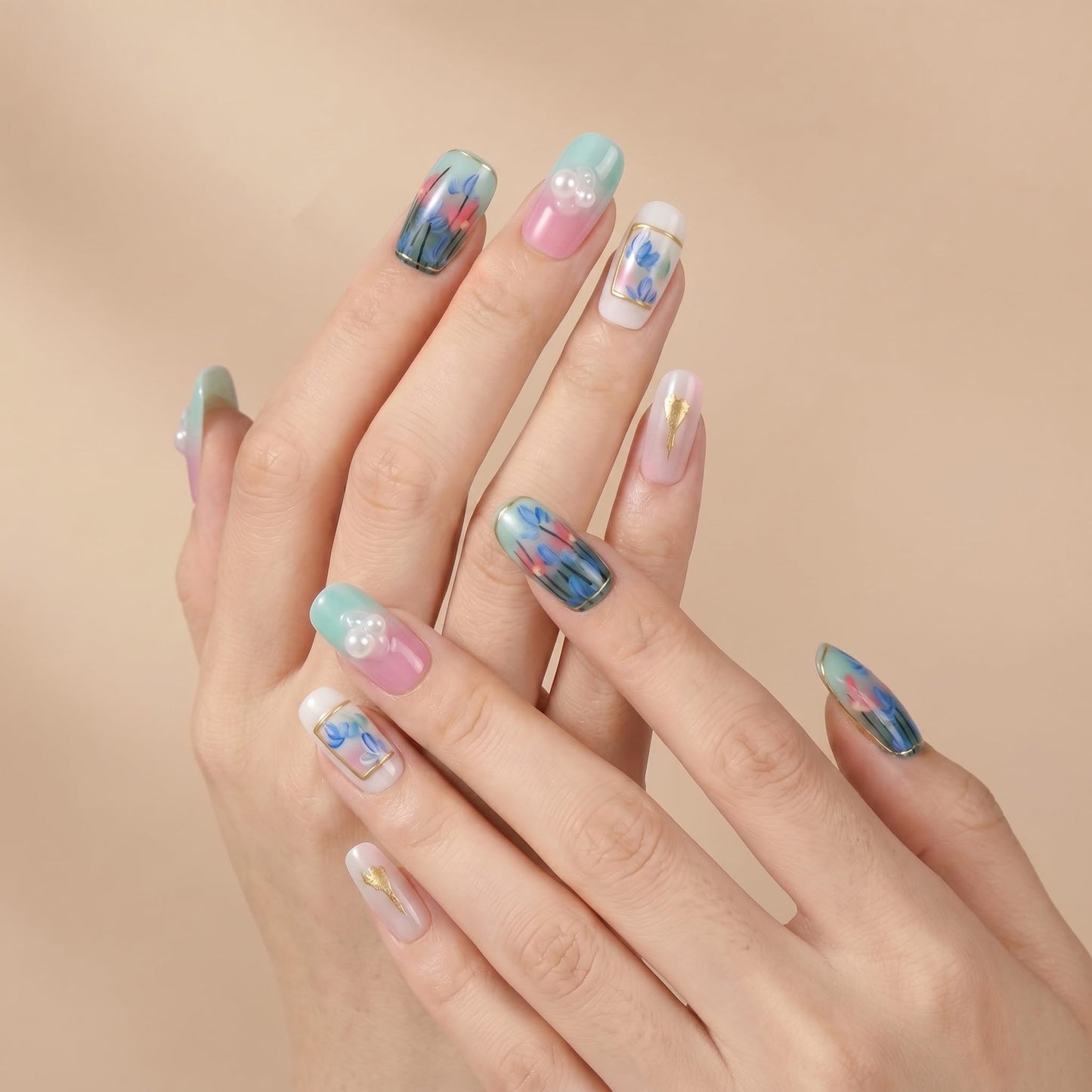 Sun&Beam Nails Handmade Press On Nails Short Square Nude Pink Blue Floral Glossy 10 Pieces Easy At Home Manicure for Everyday Wear (#013 S)