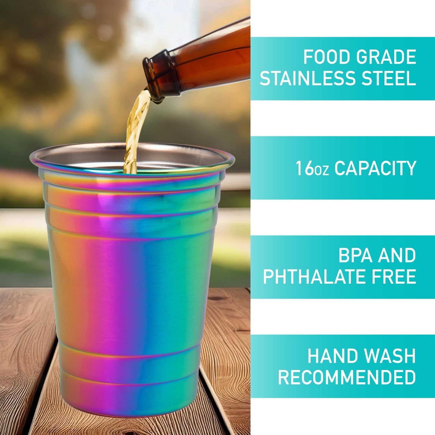 D'Eco Rainbow Stainless Steel Party Cups (4 Pack, 16 oz) - Reusable, Stackable, BPA-Free Metal Tumblers - Shatterproof Drinking Cups for Parties, Games, College, Entertaining, Outdoor & Everyday Use