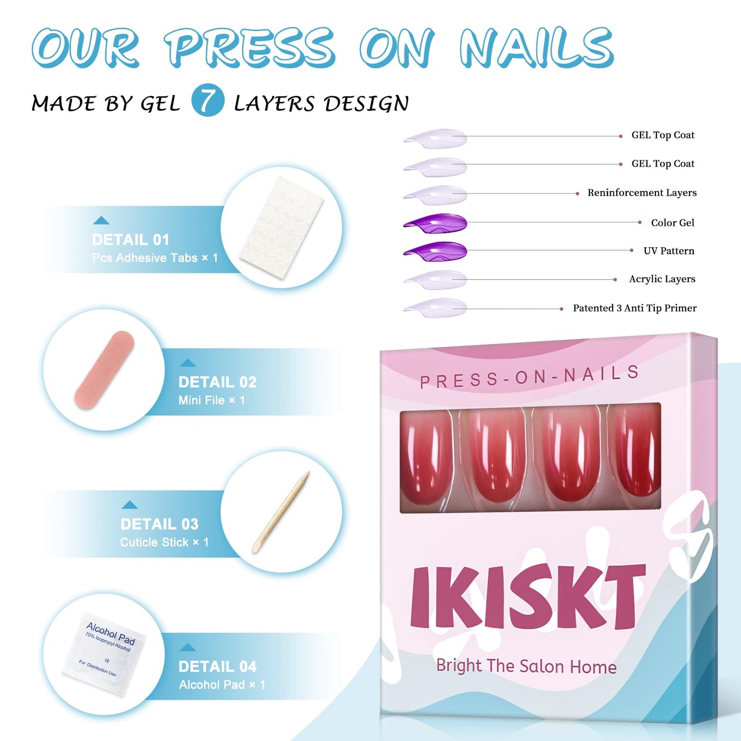 IKISKT Press On Nails - Brownish Red Tips | White Clear Gradient l UV Medium-short Round Shape False Fake Nails, Reusable Summer Glue | 10 Sizes - 24 Nail Kit