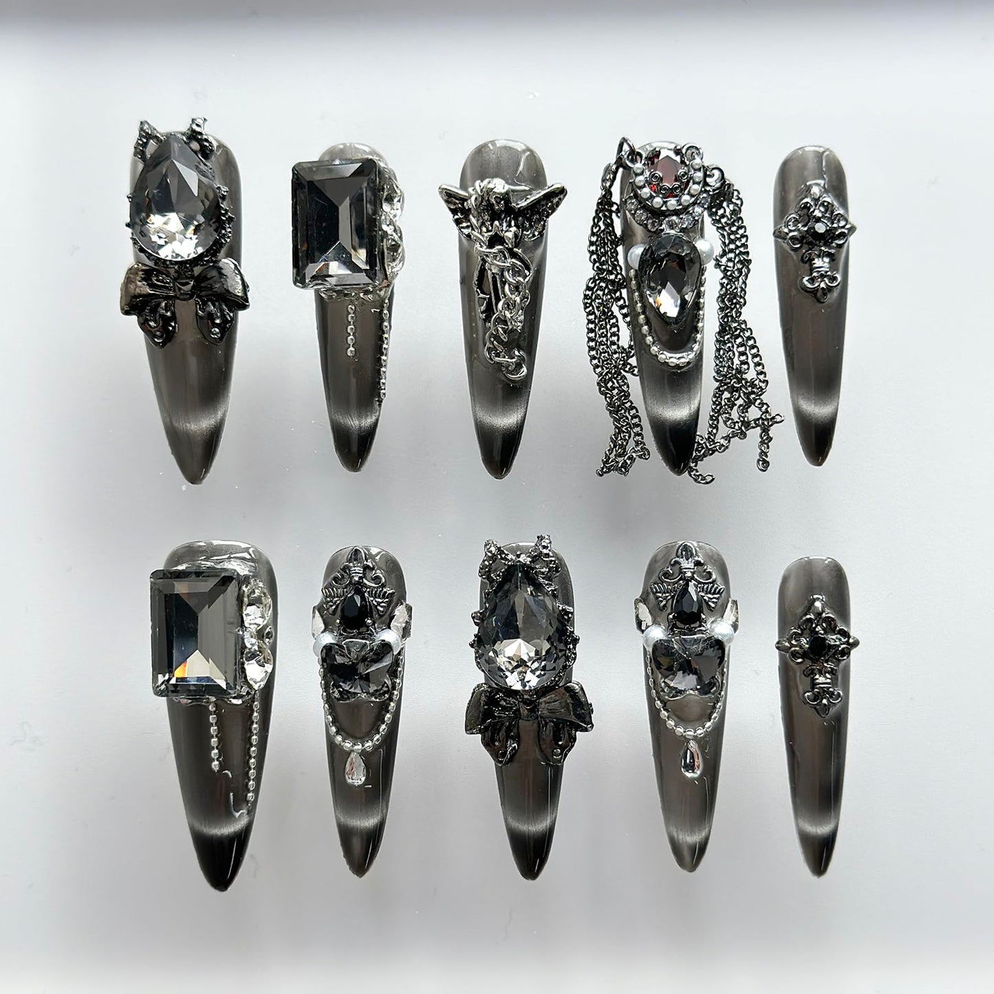 Luxury Press on Nails Long Almond Handmade 3D Unique Reusable ABS Material Fake Nails Black Gothic False Nails with Designs Chain Rhinestones Charms Glitter Glossy Thick Acrylic Nails(M)