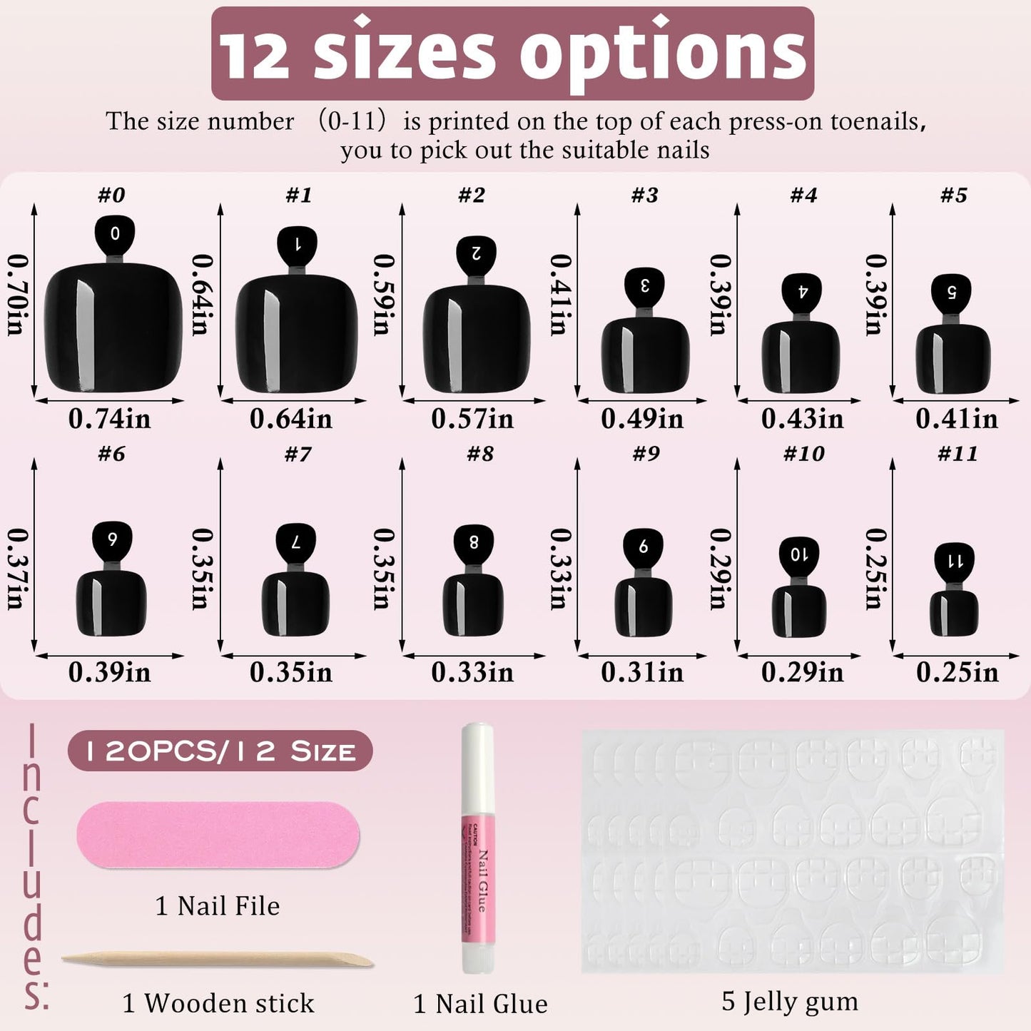 120pcs Black Press on Toenails for Women,Short Square Fake Toe Nails,12 Sizes False Toenails with Nail Glue and Adhesive Tabs