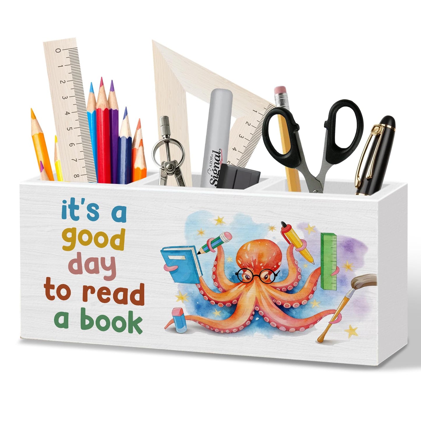 WODMIS Book Lovers Gifts Pen Pencil Holder for Desk, Book Reader Gifts, It's a Good Day to Read a Book Octopus Wooden Box Organizer Decorations for Classroom Reading Room Desk Accessories Tabletop