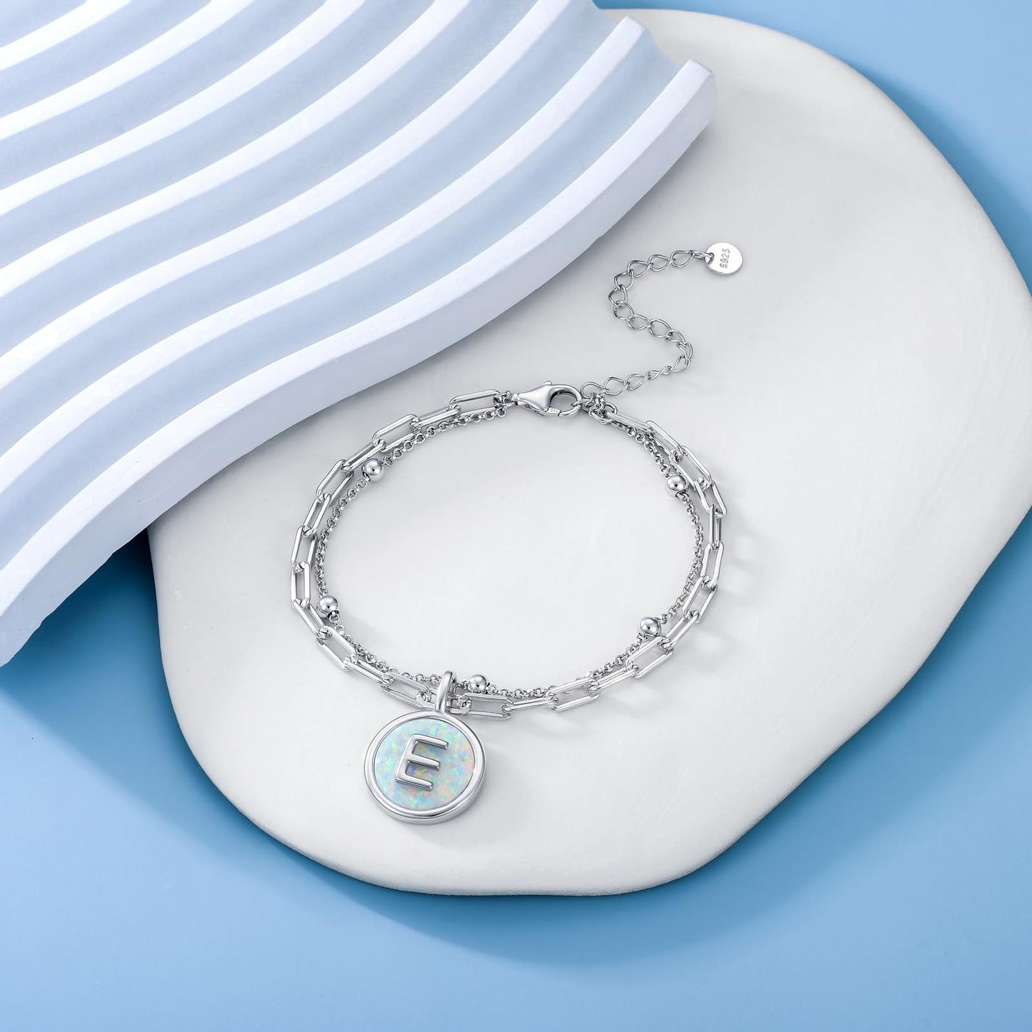 LWQQWL Initial E Bracelet for Women 925 Sterling Silver Layered Initial Bracelet Opal Letter 26 Alphabet Jewelry Christmas Gifts